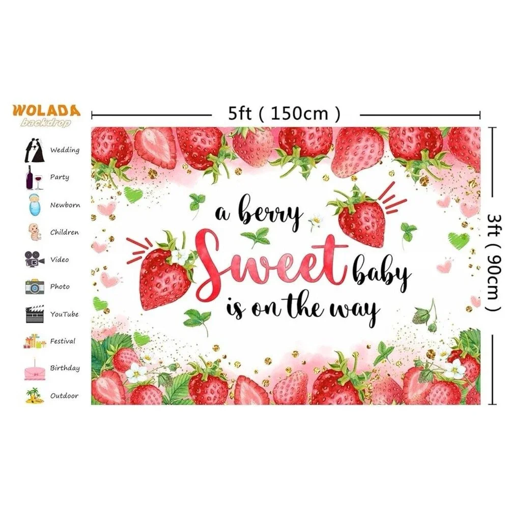 5x3FT Strawberry Baby Shower Backdrop Strawberry Baby Gift Party Photo Backgd...